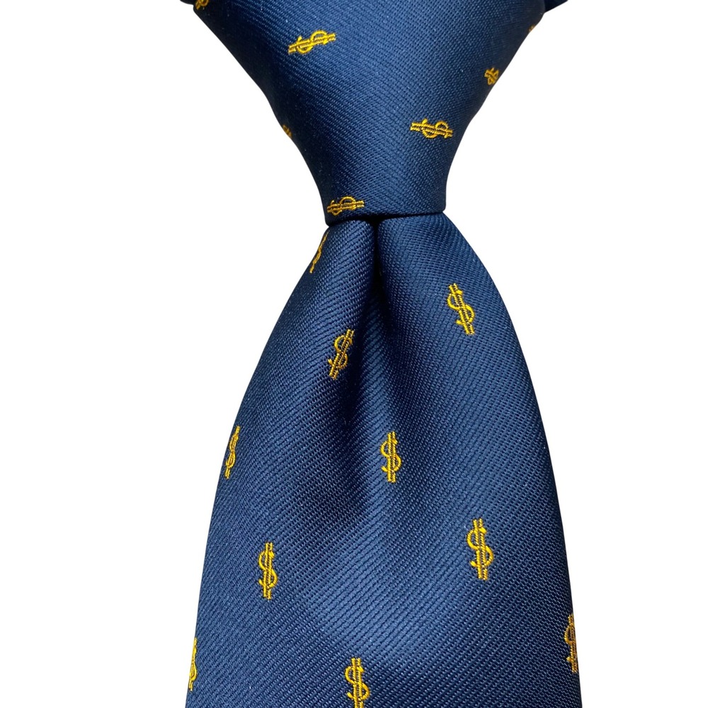 Vintage‎ Robert Talbott Silk Dollar Sign Tie Mens Navy Gold USA Money